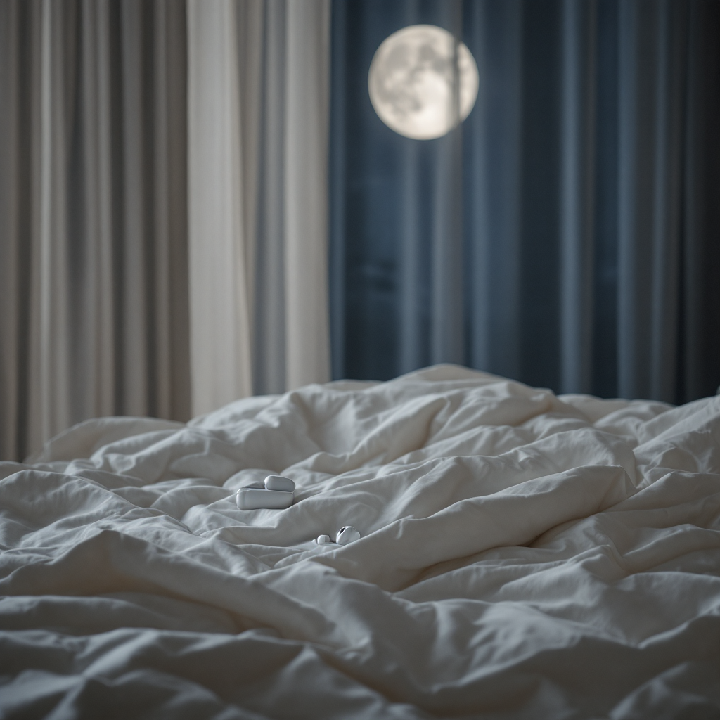 Rumpled bed in moonlight with earbuds on the sheets