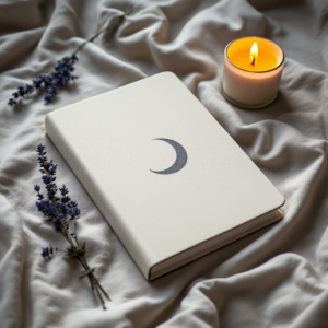 Cream linen journal with a crescent moon, candle, and lavender