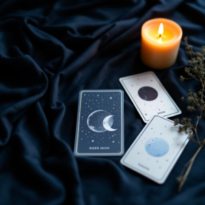 Moon oracle cards and a candle on dark cloth