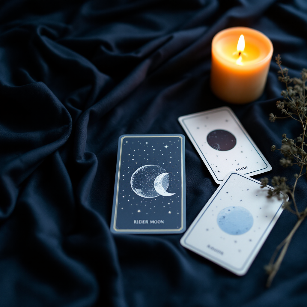 Moon oracle cards and a candle on dark cloth