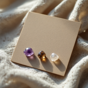Three small crystals on a kraft card, on linen